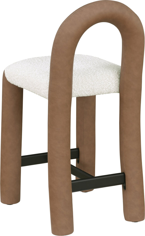 Meridian Furniture Amari Sculptural Open Back Upholstered Counter Stool for Stylish Kitchen Island Seating Brown Vegan Leather & Boucle Fabric 11066Brown-C