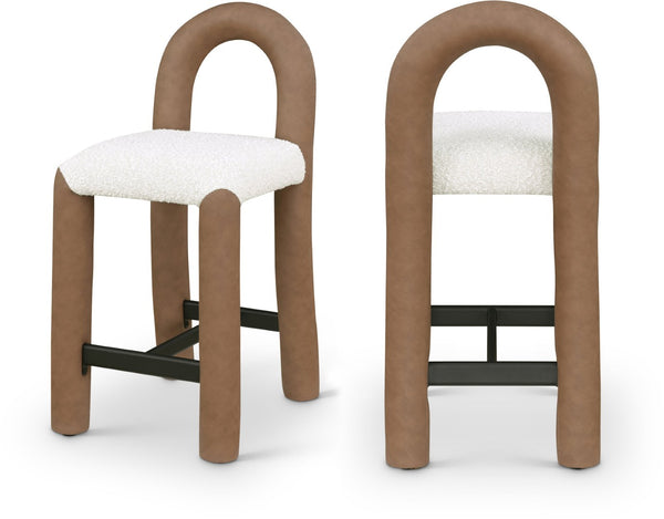 Meridian Furniture Amari Sculptural Open Back Upholstered Counter Stool for Stylish Kitchen Island Seating Brown Vegan Leather & Boucle Fabric 11066Brown-C
