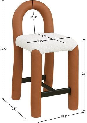 Meridian Furniture Amari Sculptural Open Back Upholstered Counter Stool for Stylish Kitchen Island Seating Cognac Vegan Leather & Boucle Fabric 11066Cognac-C