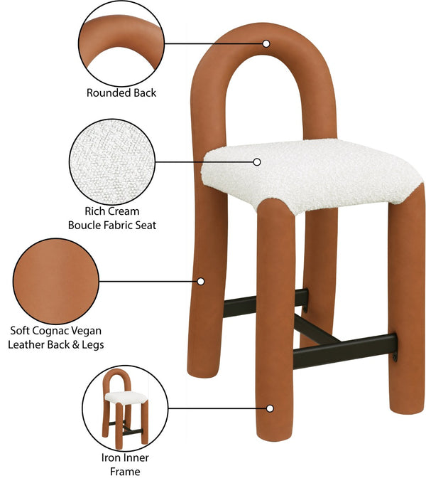 Meridian Furniture Amari Sculptural Open Back Upholstered Counter Stool for Stylish Kitchen Island Seating Cognac Vegan Leather & Boucle Fabric 11066Cognac-C