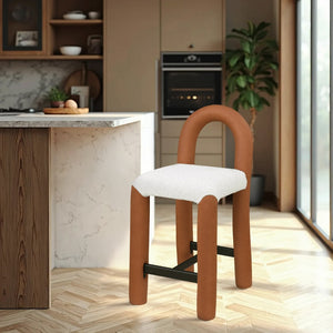Meridian Furniture Amari Sculptural Open Back Upholstered Counter Stool for Stylish Kitchen Island Seating Cognac Vegan Leather & Boucle Fabric 11066Cognac-C
