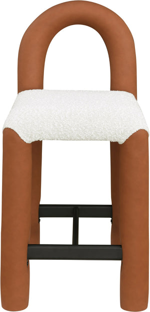 Meridian Furniture Amari Sculptural Open Back Upholstered Counter Stool for Stylish Kitchen Island Seating Cognac Vegan Leather & Boucle Fabric 11066Cognac-C