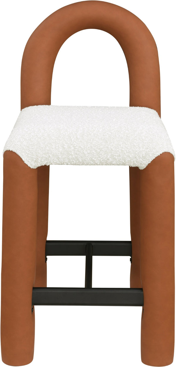 Meridian Furniture Amari Sculptural Open Back Upholstered Counter Stool for Stylish Kitchen Island Seating Cognac Vegan Leather & Boucle Fabric 11066Cognac-C