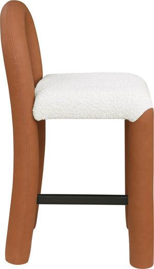 Meridian Furniture Amari Sculptural Open Back Upholstered Counter Stool for Stylish Kitchen Island Seating Cognac Vegan Leather & Boucle Fabric 11066Cognac-C