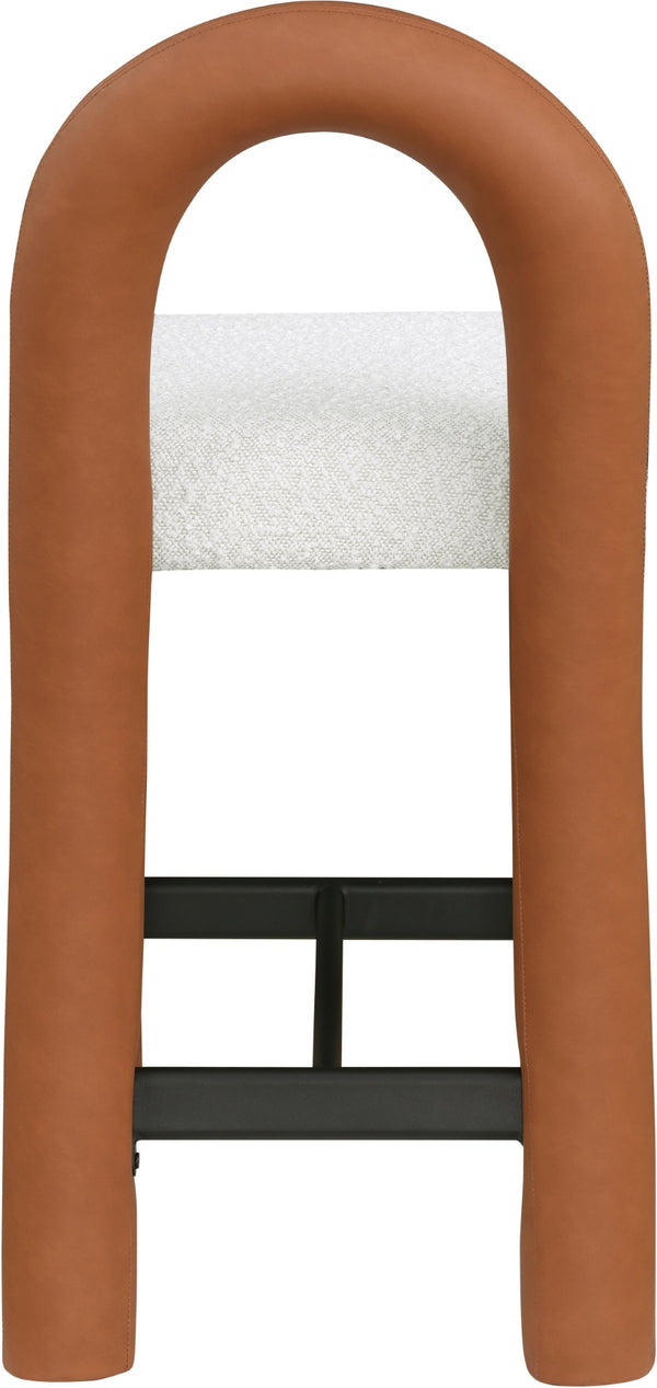 Meridian Furniture Amari Sculptural Open Back Upholstered Counter Stool for Stylish Kitchen Island Seating Cognac Vegan Leather & Boucle Fabric 11066Cognac-C