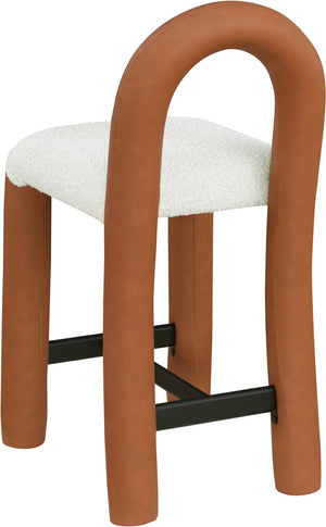 Meridian Furniture Amari Sculptural Open Back Upholstered Counter Stool for Stylish Kitchen Island Seating Cognac Vegan Leather & Boucle Fabric 11066Cognac-C