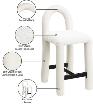 Meridian Furniture Amari Sculptural Open Back Upholstered Counter Stool for Stylish Kitchen Island Seating Cream Vegan Leather & Boucle Fabric 11066Cream-C