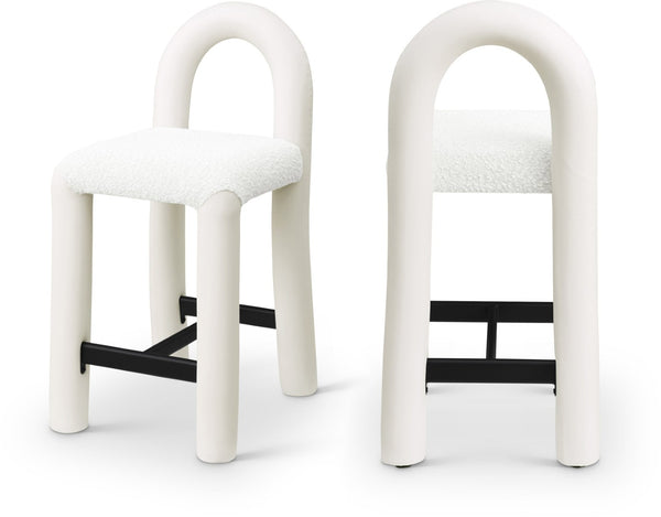Meridian Furniture Amari Sculptural Open Back Upholstered Counter Stool for Stylish Kitchen Island Seating Cream Vegan Leather & Boucle Fabric 11066Cream-C