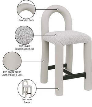 Meridian Furniture Amari Sculptural Open Back Upholstered Counter Stool for Stylish Kitchen Island Seating Taupe Vegan Leather & Boucle Fabric 11066Taupe-C