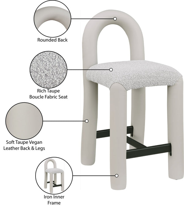 Meridian Furniture Amari Sculptural Open Back Upholstered Counter Stool for Stylish Kitchen Island Seating Taupe Vegan Leather & Boucle Fabric 11066Taupe-C