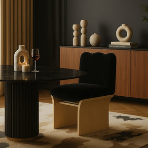 Meridian Furniture Shaw Art Deco Chenille Upholstered Dining Chair with Sculptural Oak Veneer Base for Any Room Black 11067 11067Black-C
