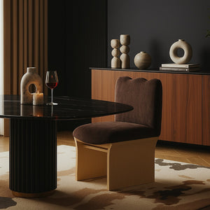 Meridian Furniture Shaw Art Deco Chenille Upholstered Dining Chair with Sculptural Oak Veneer Base for Any Room Brown 11067 11067Brown-C