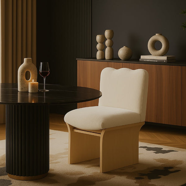 Meridian Furniture Shaw Art Deco Chenille Upholstered Dining Chair with Sculptural Oak Veneer Base for Any Room Cream 11067 11067Cream-C