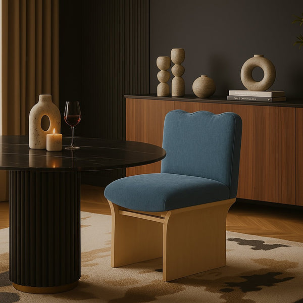 Meridian Furniture Shaw Art Deco Chenille Upholstered Dining Chair with Sculptural Oak Veneer Base for Any Room Light Blue 11067 11067LtBlu-C