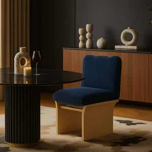 Meridian Furniture Shaw Art Deco Chenille Upholstered Dining Chair with Sculptural Oak Veneer Base for Any Room Navy 11067 11067Navy-C