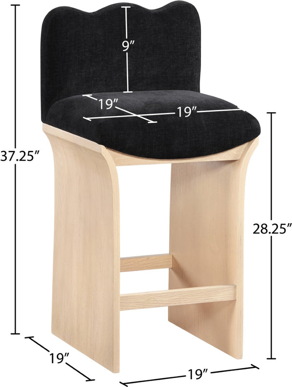 Meridian Furniture Shaw Art Deco Chenille Upholstered Counter Stool with Sculpted Oak Veneer Base 11071Black-C