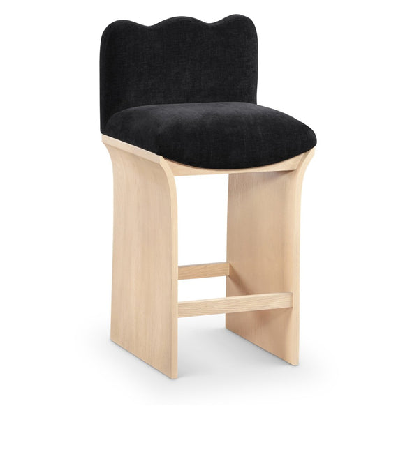 Meridian Furniture Shaw Art Deco Chenille Upholstered Counter Stool with Sculpted Oak Veneer Base 11071Black-C
