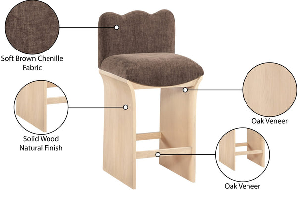 Meridian Furniture Shaw Art Deco Chenille Upholstered Counter Stool with Natural Oak Veneer Base 11071Brown-C