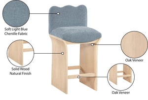 Meridian Furniture Shaw Art Deco Chenille Counter Stool with Oak Veneer Base for Kitchen Islands 11071LtBlu-C