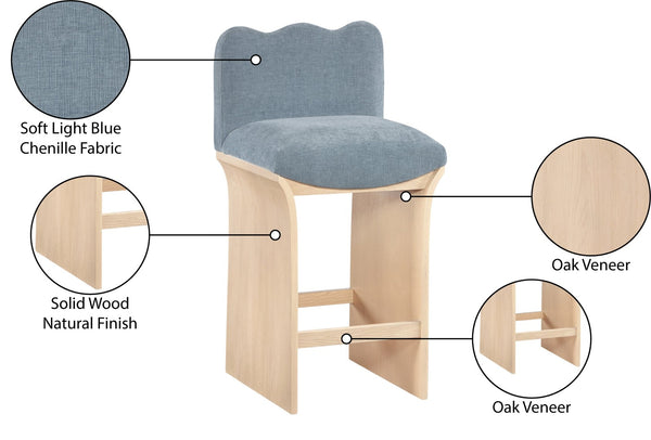 Meridian Furniture Shaw Art Deco Chenille Counter Stool with Oak Veneer Base for Kitchen Islands 11071LtBlu-C