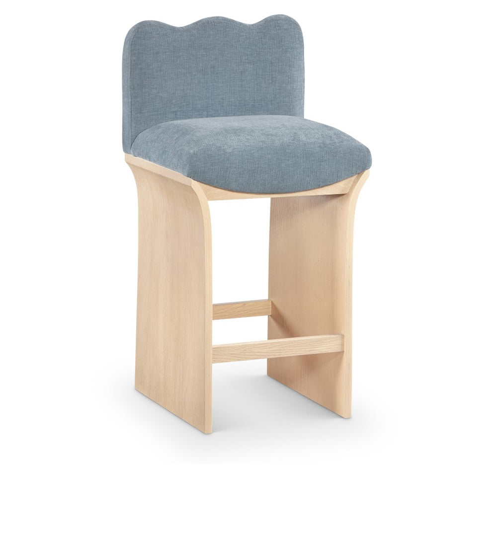 Meridian Furniture Shaw Art Deco Chenille Counter Stool with Oak Veneer Base for Kitchen Islands 11071LtBlu-C