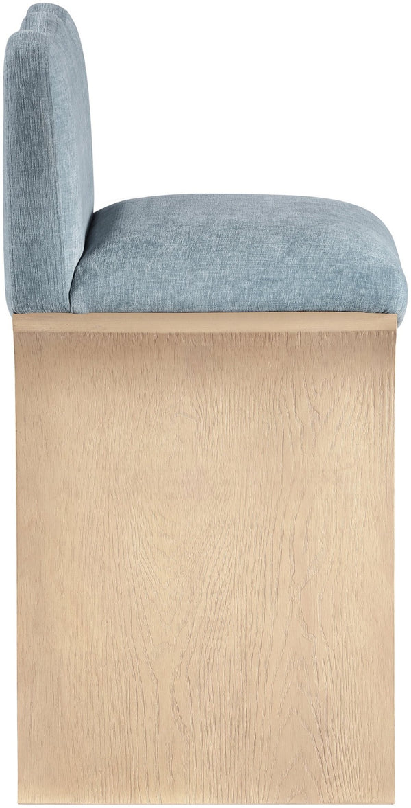 Meridian Furniture Shaw Art Deco Chenille Counter Stool with Oak Veneer Base for Kitchen Islands 11071LtBlu-C