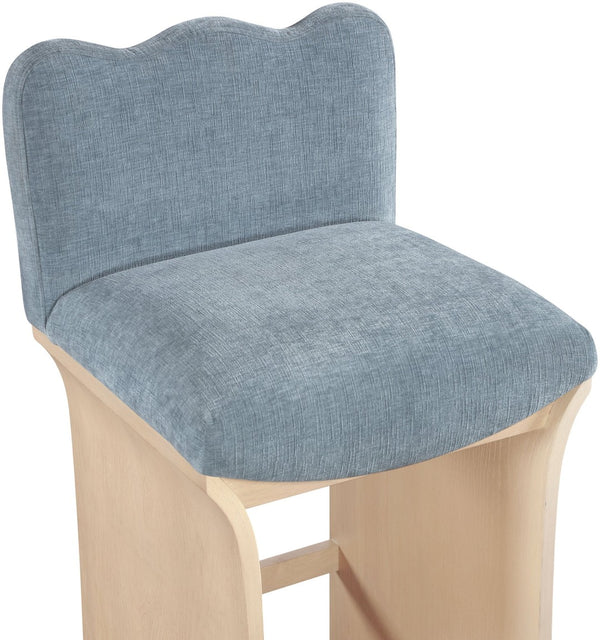 Meridian Furniture Shaw Art Deco Chenille Counter Stool with Oak Veneer Base for Kitchen Islands 11071LtBlu-C