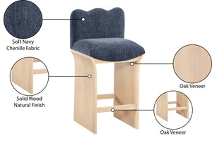 Meridian Furniture Shaw Art Deco Navy Chenille Counter Stool with Natural Oak Veneer Base 11071Navy-C