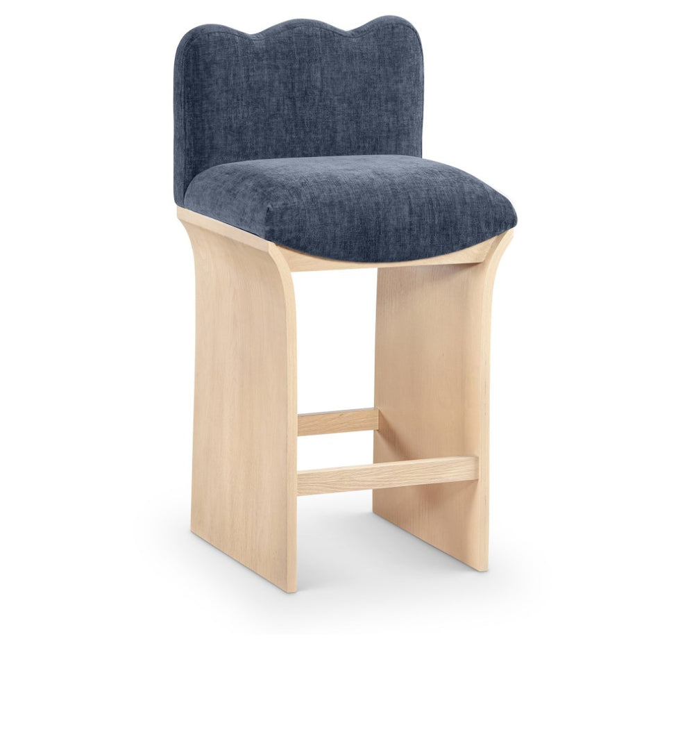 Meridian Furniture Shaw Art Deco Navy Chenille Counter Stool with Natural Oak Veneer Base 11071Navy-C