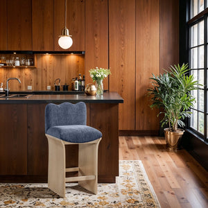 Meridian Furniture Shaw Art Deco Navy Chenille Counter Stool with Natural Oak Veneer Base 11071Navy-C