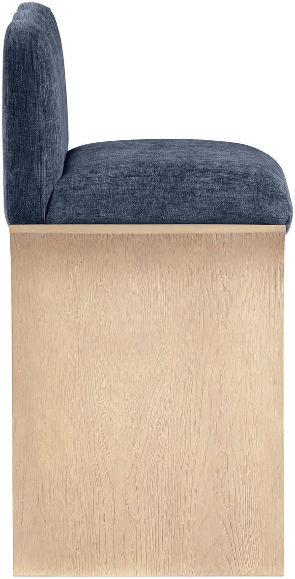 Meridian Furniture Shaw Art Deco Navy Chenille Counter Stool with Natural Oak Veneer Base 11071Navy-C