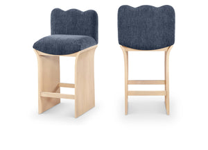 Meridian Furniture Shaw Art Deco Navy Chenille Counter Stool with Natural Oak Veneer Base 11071Navy-C