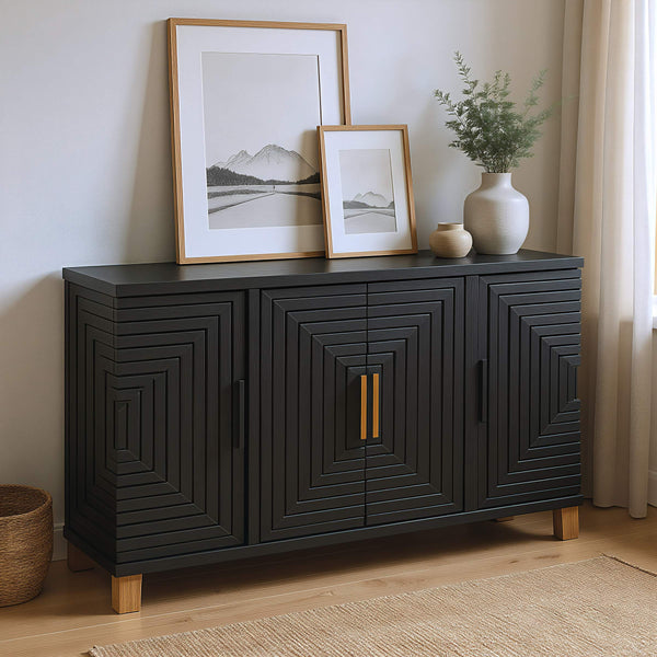 Trazo Matte Black Fir Wood Storage Cabinet with Four Doors for Living Room