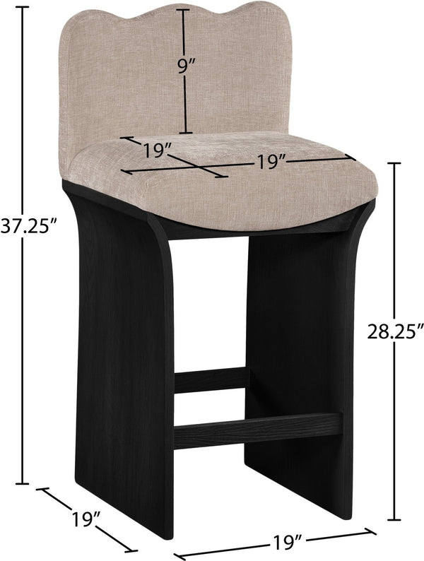Meridian Furniture Shaw Chenille Upholstered Countertop Stool with Art Deco Curves and Oak Veneer Base 11072Beige-C