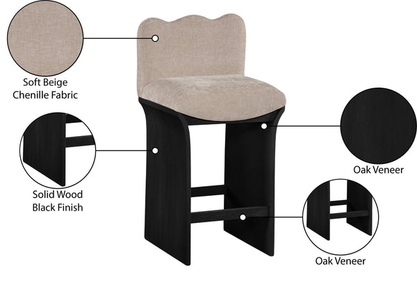 Meridian Furniture Shaw Chenille Upholstered Countertop Stool with Art Deco Curves and Oak Veneer Base 11072Beige-C