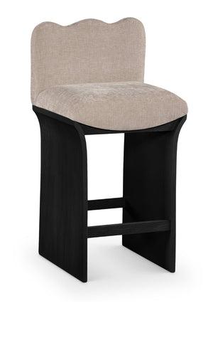 Meridian Furniture Shaw Chenille Upholstered Countertop Stool with Art Deco Curves and Oak Veneer Base 11072Beige-C