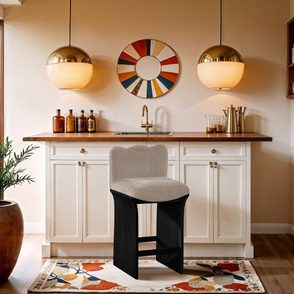 Meridian Furniture Shaw Chenille Upholstered Countertop Stool with Art Deco Curves and Oak Veneer Base 11072Beige-C
