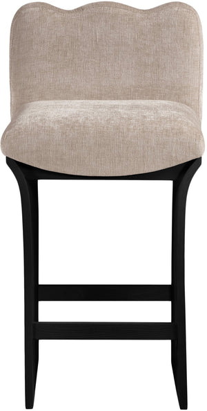 Meridian Furniture Shaw Chenille Upholstered Countertop Stool with Art Deco Curves and Oak Veneer Base 11072Beige-C