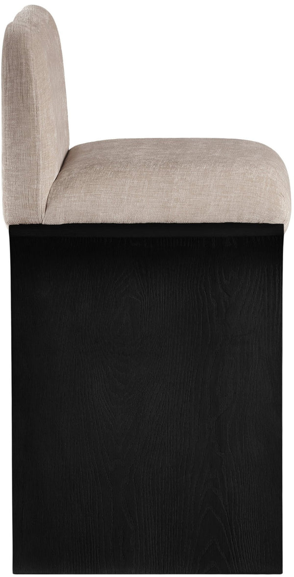 Meridian Furniture Shaw Chenille Upholstered Countertop Stool with Art Deco Curves and Oak Veneer Base 11072Beige-C