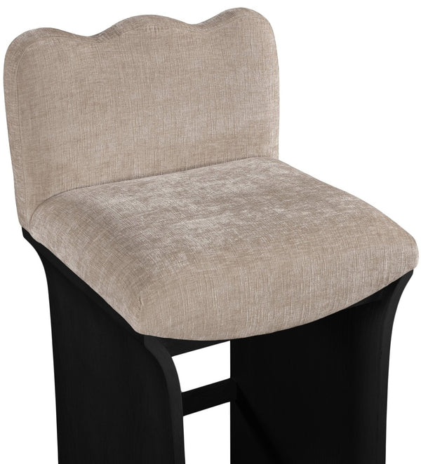Meridian Furniture Shaw Chenille Upholstered Countertop Stool with Art Deco Curves and Oak Veneer Base 11072Beige-C