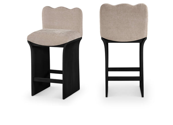 Meridian Furniture Shaw Chenille Upholstered Countertop Stool with Art Deco Curves and Oak Veneer Base 11072Beige-C
