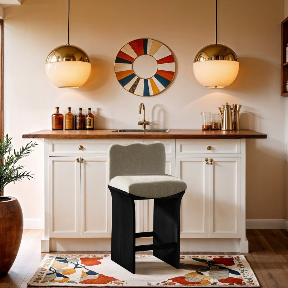 Meridian Furniture Shaw Cream Chenille Art Deco Counter Stool with Black Oak Base for Kitchen Islands 11072Cream-C