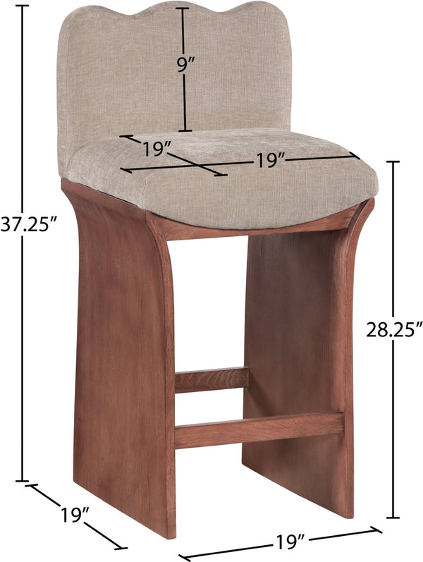 Meridian Furniture Shaw Chenille Upholstered Counter Stool with Walnut Oak Base Art Deco Kitchen Seat 11073Beige-C
