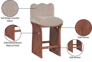 Meridian Furniture Shaw Chenille Upholstered Counter Stool with Walnut Oak Base Art Deco Kitchen Seat 11073Beige-C