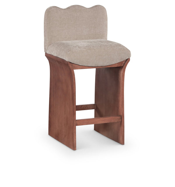 Meridian Furniture Shaw Chenille Upholstered Counter Stool with Walnut Oak Base Art Deco Kitchen Seat 11073Beige-C