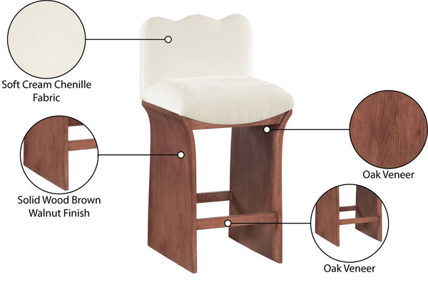Meridian Furniture Shaw Art Deco Counter Stool with Plush Chenille Seat and Walnut Oak Veneer Base 11073Cream-C