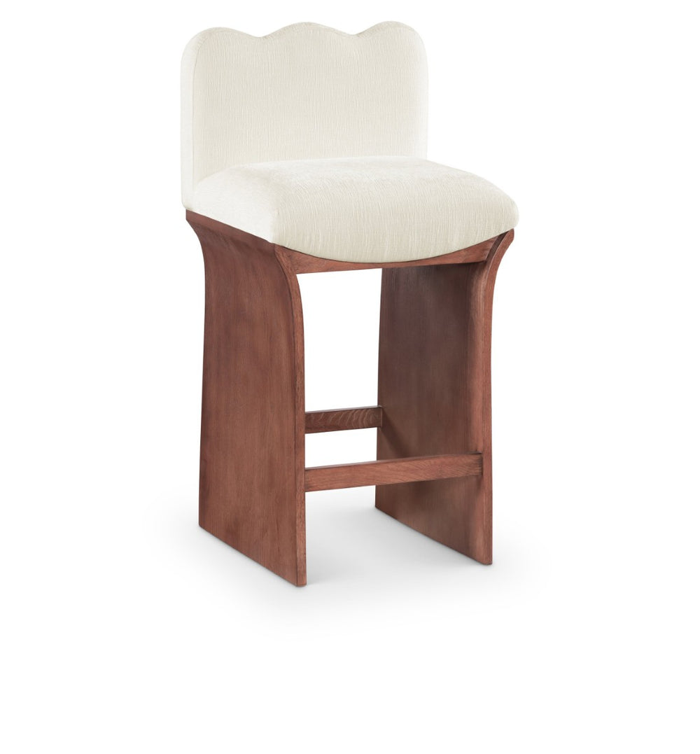 Meridian Furniture Shaw Art Deco Counter Stool with Plush Chenille Seat and Walnut Oak Veneer Base 11073Cream-C