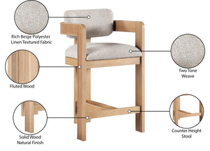 Meridian Furniture Sacha Fluted Wood Frame Counter Stool with Two-tone Woven Linen Upholstery 11074Beige-C