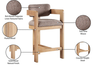Meridian Furniture Sacha Fluted Wood Frame Counter Stool with Woven Linen Upholstery for Kitchen Islands 11074Brown-C