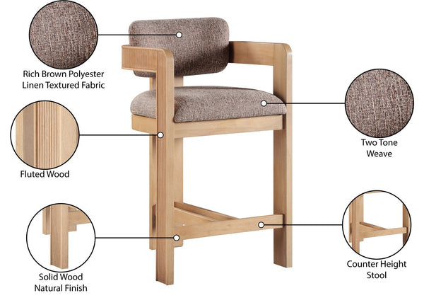 Meridian Furniture Sacha Fluted Wood Frame Counter Stool with Woven Linen Upholstery for Kitchen Islands 11074Brown-C